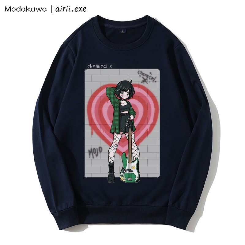 MODAKAWA X airii.exe CHEMICAL Sweatshirt mit Rundhalsausschnitt und Buchstabendruck „Gitarrenmädchen“ - Purplish Blue - 5XL - image 3