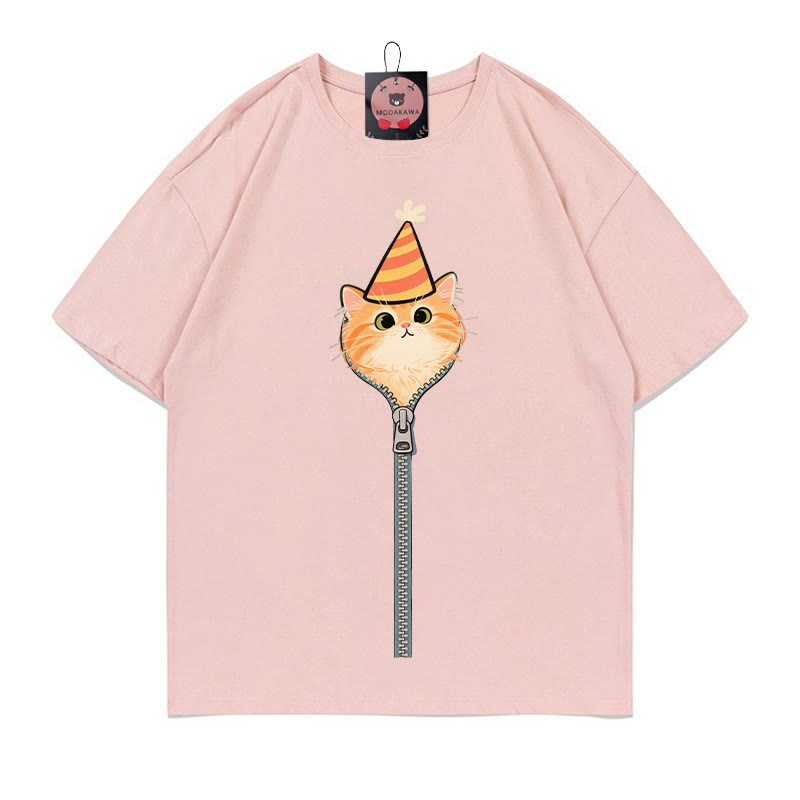 Modakawa T-Shirt aus 100% Baumwolle mit Katzenmotiv und Reißverschluss. - Pink - 5XL - image 3