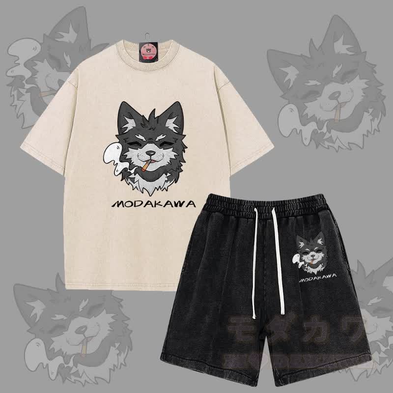 MODAKAWA Smoking Puppy Grafik Vintage Washed T-Shirt Shorts Zweiteiliges Set - Aprikose & Schwarz - 3XL - image 10