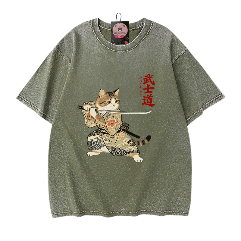 Samurai-Katzen-Grafik Modakawa Vintage gewaschenes T-Shirt aus 100 % Baumwolle - Green - 5XL - image 8