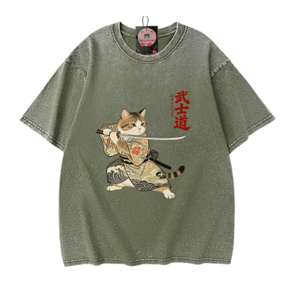 Samurai-Katzen-Grafik Modakawa Vintage gewaschenes T-Shirt aus 100 % Baumwolle - Green - 5XL - image 8