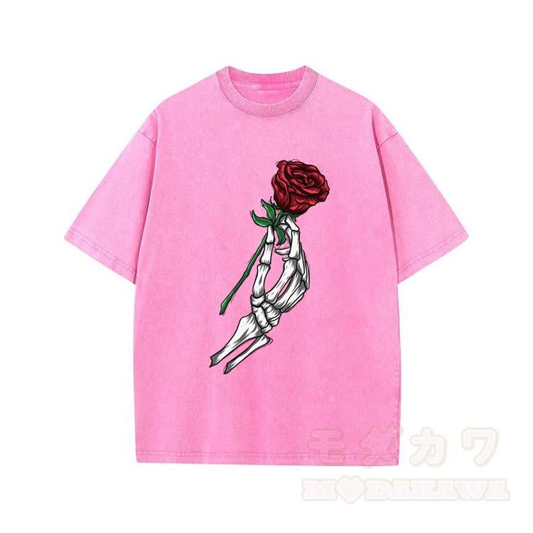 Modakawa Vintage T-Shirt mit Totenkopf-, Hand- und Rosenmotiv, gewaschen aus 100 % Baumwolle - Rosenrot - 5XL - image 3