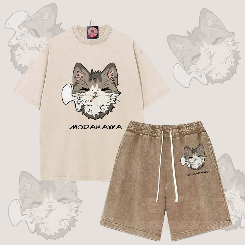 MODAKAWA Smoking Cat Grafik Vintage Washed T-Shirt Shorts Zweiteiliges Set - Aprikose & Braun - 3XL - image 7