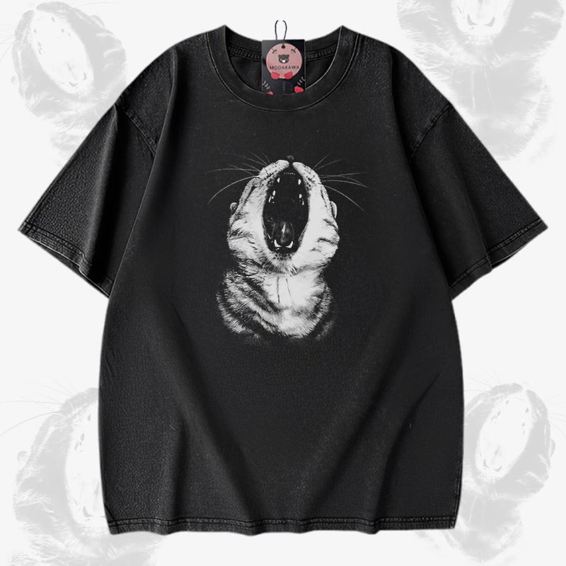 Modakawa Vintage T-Shirt mit Katzenmaul-Motiv, gewaschen aus 100 % Baumwolle - Black - 5XL - image 2