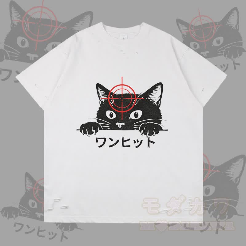 Lustiges Modakawa T-Shirt mit schwarzer Katzengrafik und Rissen - Weiß - 2XL - image 4