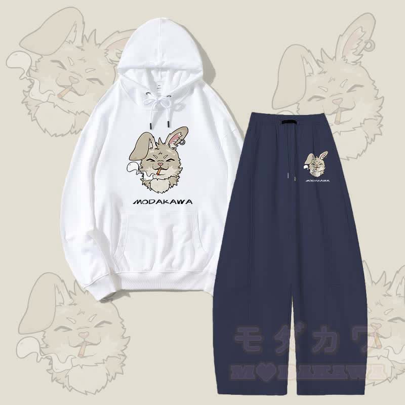 MODAKAWA Smoking Bunny Grafik-Hoodie und weite Hose Zweiteiliges Set - Weiß & Lila Blau - 5XL - image 6