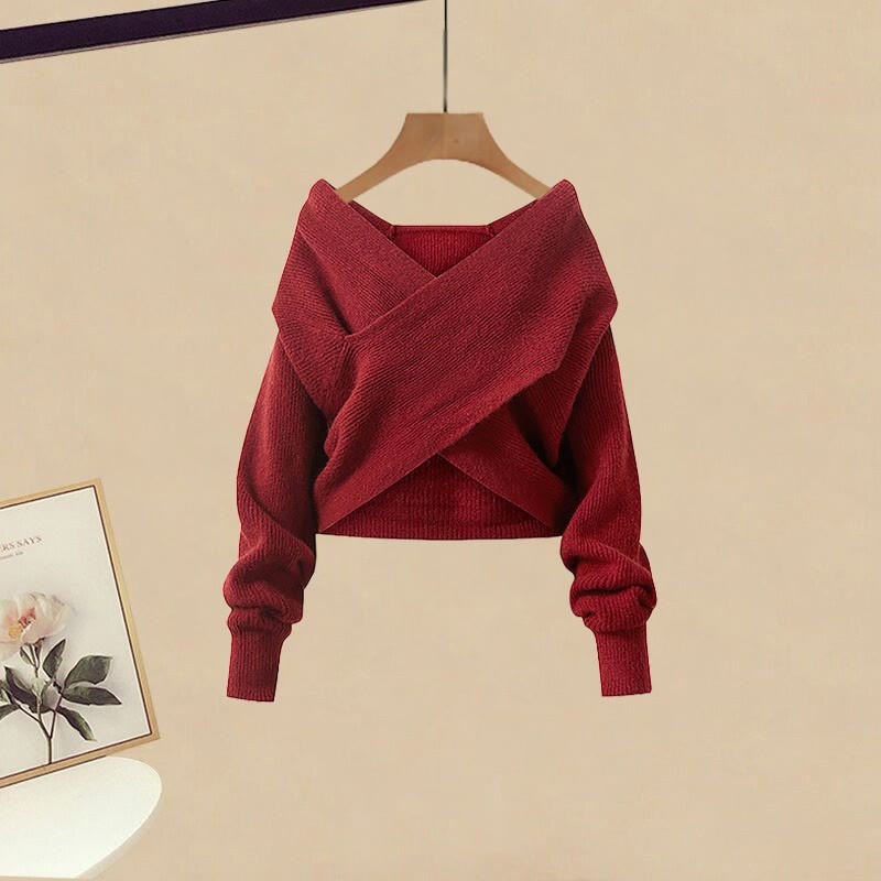 Schwarzes Top mit Kreuzstrickpullover und karierter Jeans – passendes Outfit - Sweater - XL - image 2