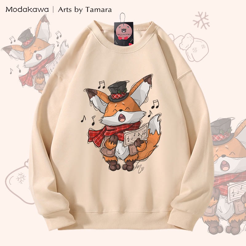 MODAKAWA X Arts by Tamara Singing Fox Christmas Graphic Unisex Sweatshirt - Apricot - 5XL - image 4