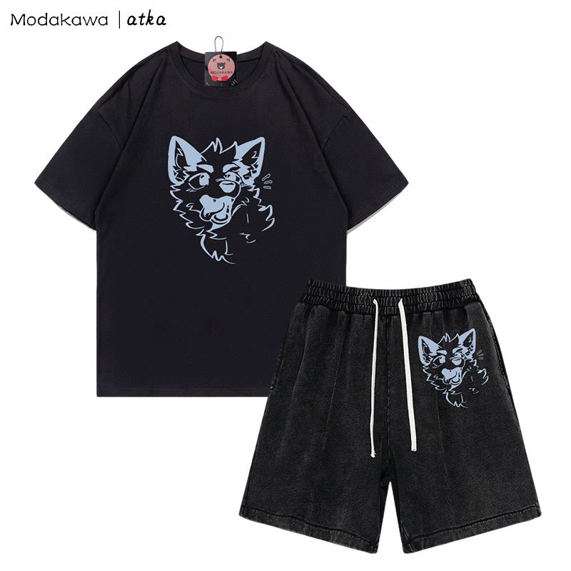 MODAKAWA X atka Verspieltes T-Shirt mit Fuchsgesicht-Grafik und verwaschenen Vintage-Shorts, zweiteiliges Set - Black - 3XL - image 5