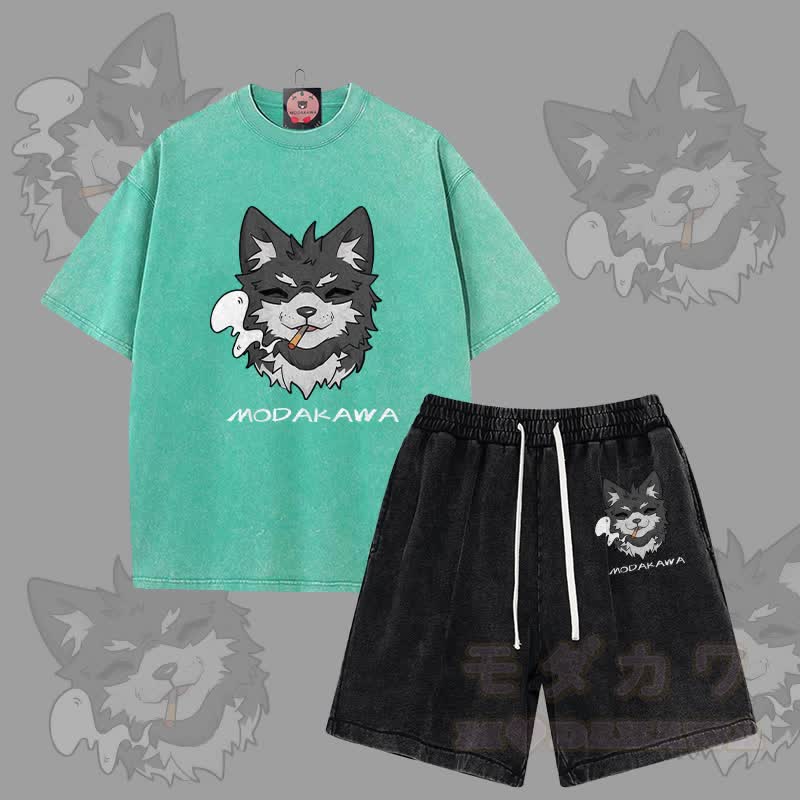 MODAKAWA Smoking Puppy Grafik Vintage Washed T-Shirt Shorts Zweiteiliges Set - Grün & Schwarz - 3XL - image 12