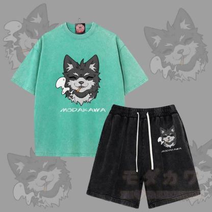 MODAKAWA Smoking Puppy Grafik Vintage Washed T-Shirt Shorts Zweiteiliges Set - Grün & Schwarz - 3XL - image 12