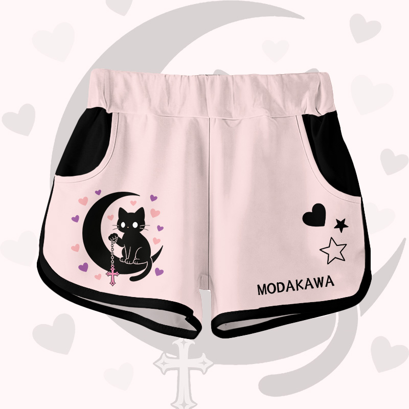 Astrologie Schwarze Katze Grafik Modakawa Shorts - Pink A - 5XL - image 3