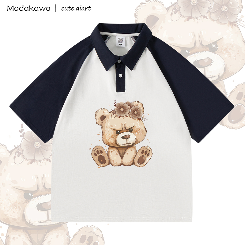 MODAKAWA X cute.aiart Bären-Grafik 100% Baumwolle POLO-T-Shirt - White & Purplish Blue - 4XL - image 2