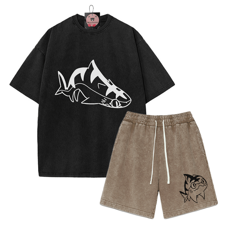 T-Shirt mit Goofy-Pupfish-Grafik und verwaschenen Vintage-Shorts, zweiteiliges Set - Black&Brown - 3XL - image 4