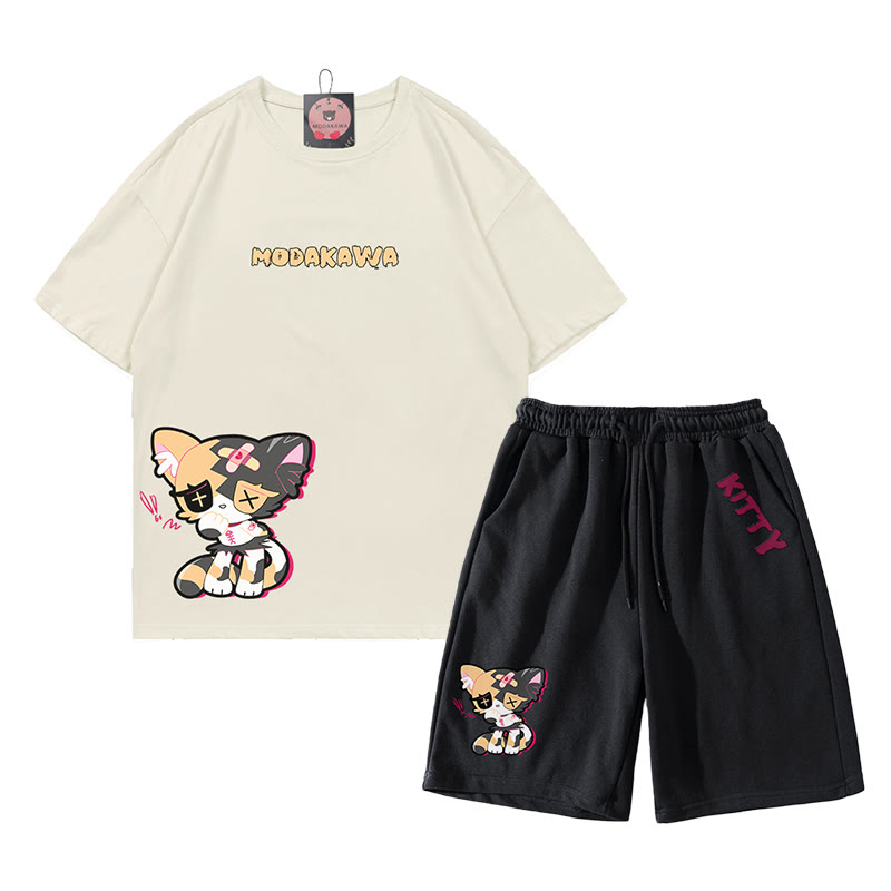 Sad Kitty Grafik Dark Aesthetic T-Shirt Shorts Zweiteiliges Set - Beige&Schwarz - C - 5XL - image 6