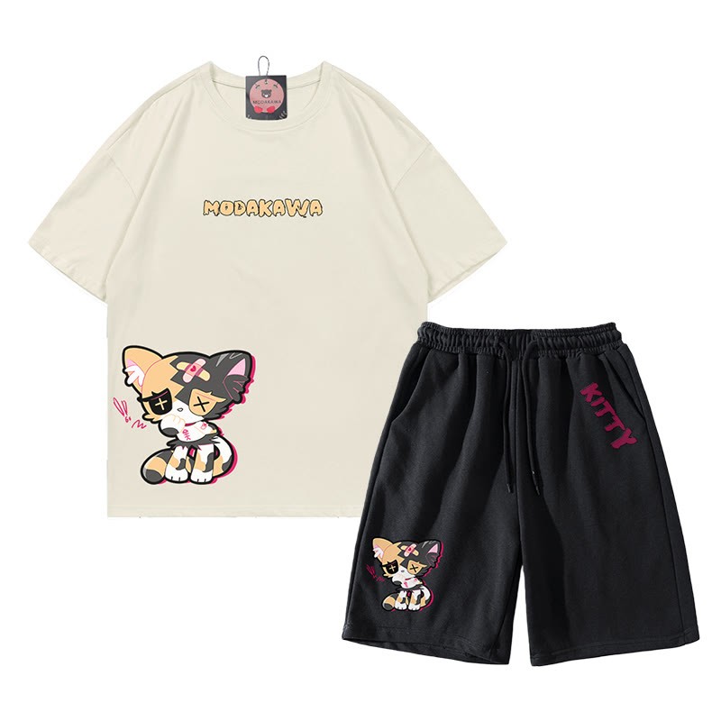 Sad Kitty Grafik Dark Aesthetic T-Shirt Shorts Zweiteiliges Set - Beige&Schwarz - C - 5XL - image 6