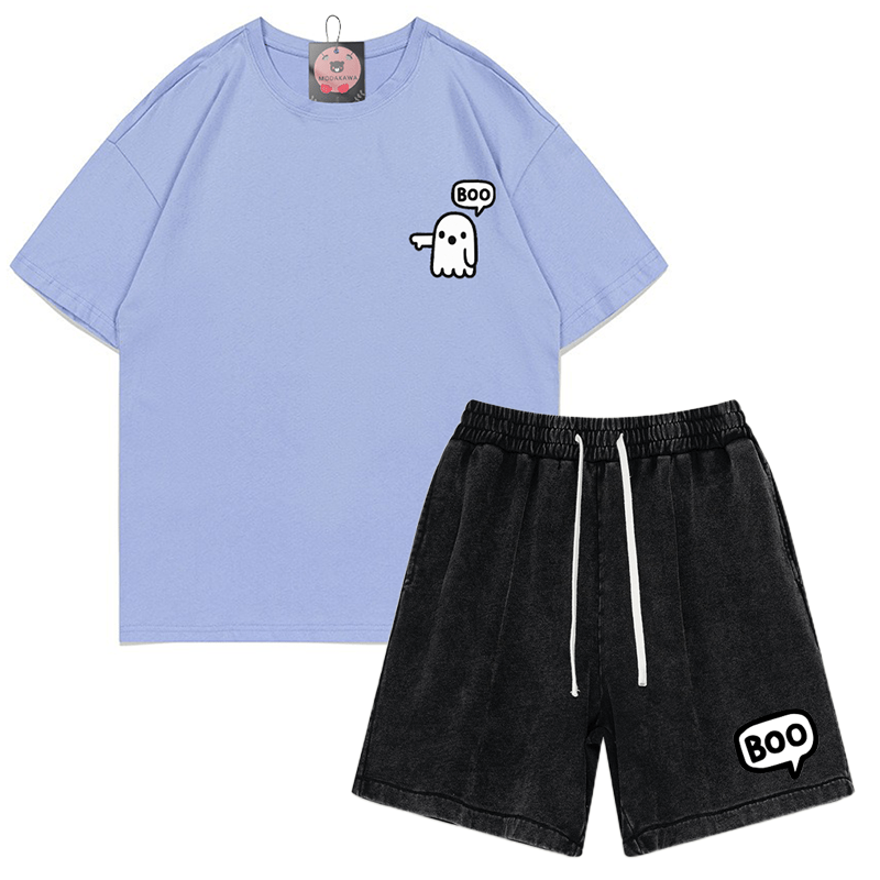 Zweiteiliges Set mit T-Shirt und Vintage-Waschung im Ghost-Print - Lavendelblau&Schwarz - 3XL - image 13