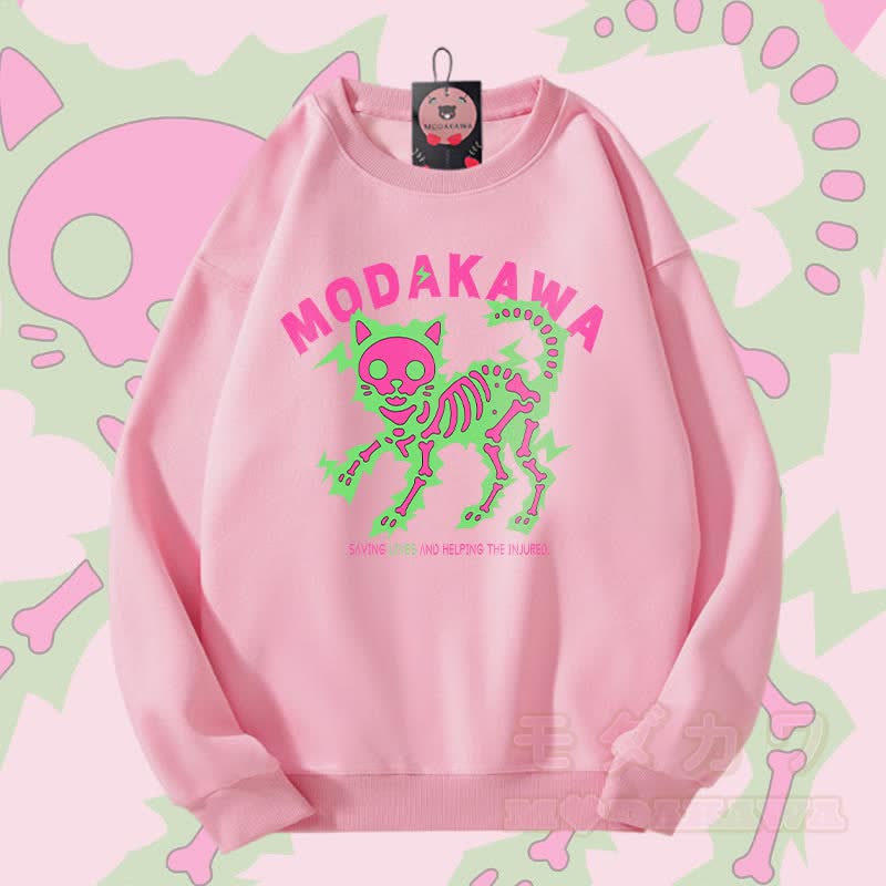 MODAKAWA Unisex-Sweatshirt mit elektrisiertem Skelettkatzen-Motiv - Rosa - 5XL - image 3