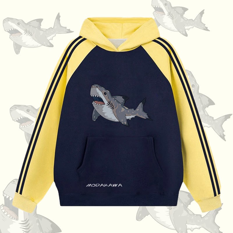 MODAKAWA Sixgill Shark Graphic Farben Block Fleece Lined Hoodie - Purplish Blue&Yellow - 2XL - image 3