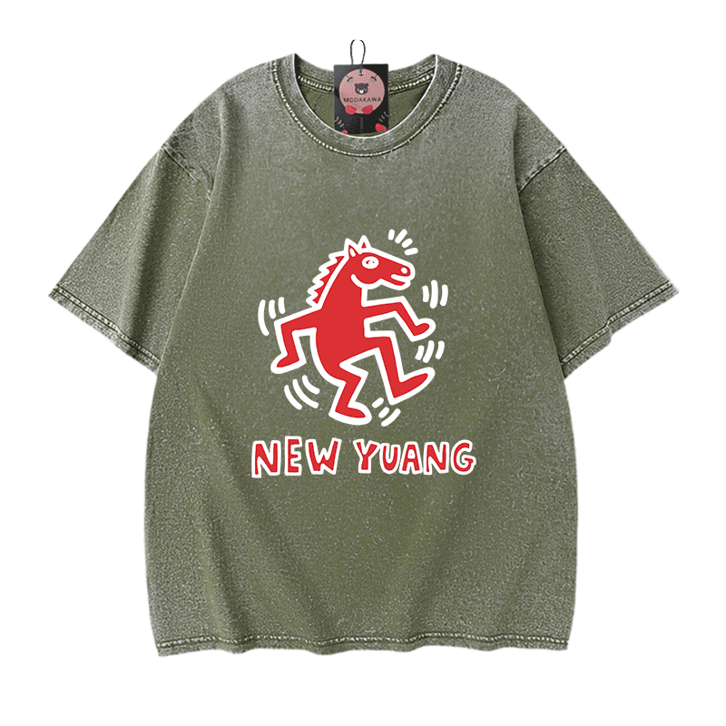 NEUES YUANG Pferde-Grafik Modakawa Unisex Vintage Washed T-Shirt - Green - 5XL - image 10