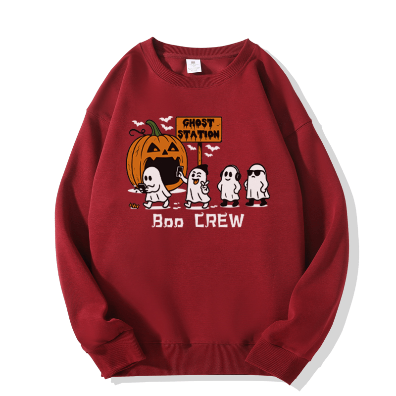 BOO CREW Sweatshirt mit Kürbis- und Geistergrafik und Rundhalsausschnitt - Wine Red - 5XL - image 6