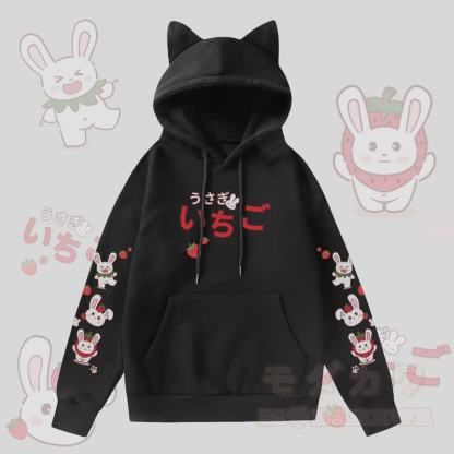 MODAKAWA Kapuzenpullover mit Erdbeerhasen-Motiv, Taschenfutter und Fleece-Einsatz sowie Katzenohren  - Schwarz - 2XL - image 3