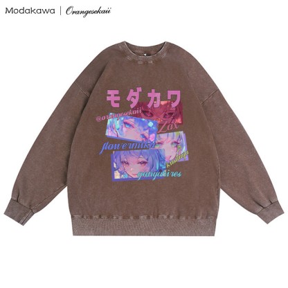 MODAKAWA X orangesekaii Unisex Vintage Washed Sweatshirt Zax Flowermiku Kitsunya Ganyuhires Graphic Crewneck Pullover - Braun - 3XL - image 4