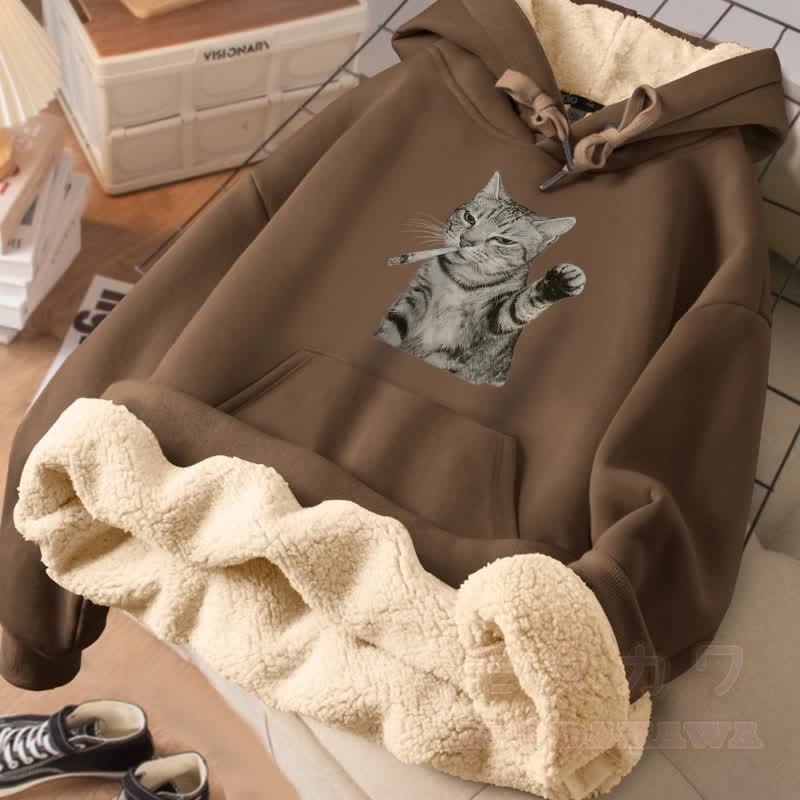 MODAKAWA Winterhoodie mit Raucherkatzen-Motiv, dick gefüttert mit Fleece - Braun - 2XL - image 3