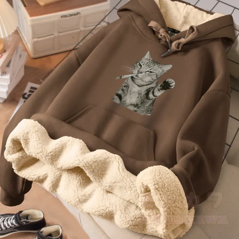 MODAKAWA Winterhoodie mit Raucherkatzen-Motiv, dick gefüttert mit Fleece - Braun - 2XL - image 3