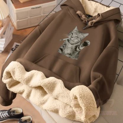 MODAKAWA Winterhoodie mit Raucherkatzen-Motiv, dick gefüttert mit Fleece - Braun - 2XL - image 3