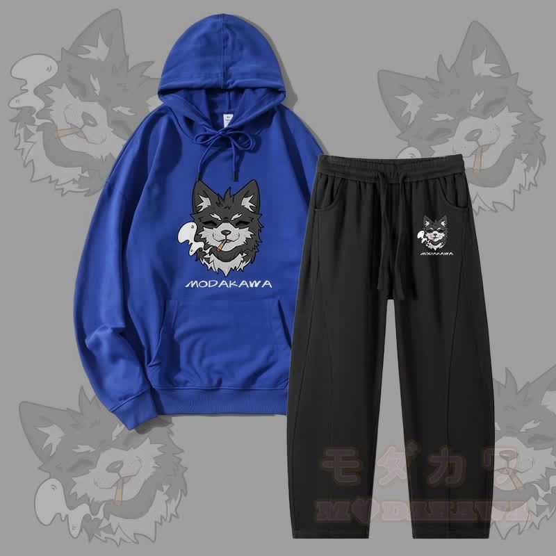 MODAKAWA Koda Smoking Puppy Grafik-Hoodie für Herren, Kordelzughose, zweiteiliges Set - Blau & Schwarz - 4XL - image 8