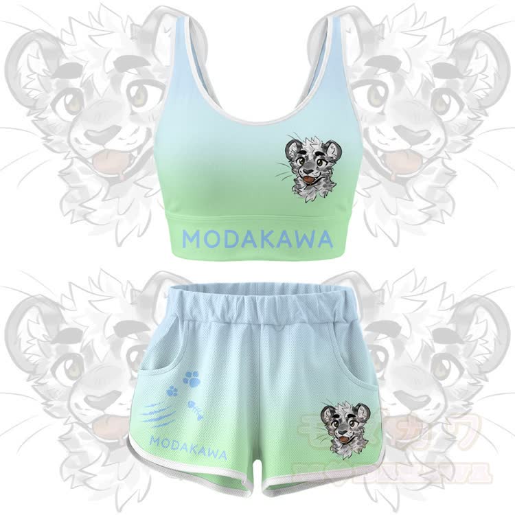 MODAKAWA X atka Tiger Graphic Crop Tank Sport Top Shorts Bikini Matching Outfit - Grünes Set - 5XL - image 10