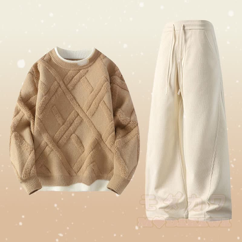 Zweiteiliger Pullover in Strickoptik mit Lagenlook und Cordhose - Set E - 4XL - image 5