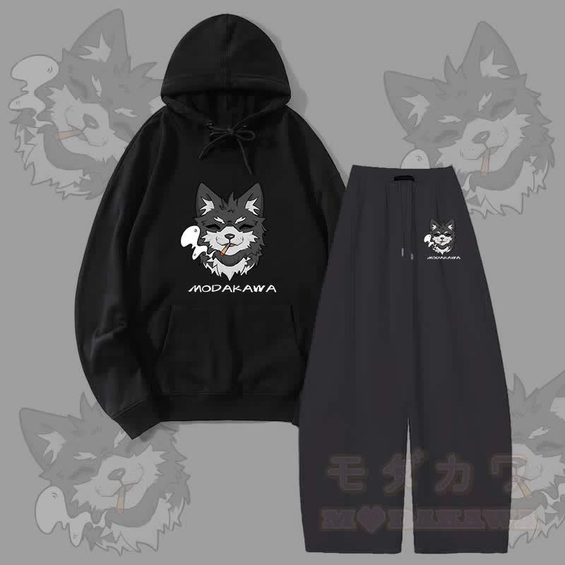 MODAKAWA Smoking Puppy Grafik-Hoodie, weite Hose, zweiteiliges Set - Schwarz - 5XL - image 7