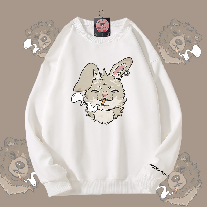 MODAKAWA Smoking Bunny Grafik Unisex Sweatshirt - White - 5XL - image 3