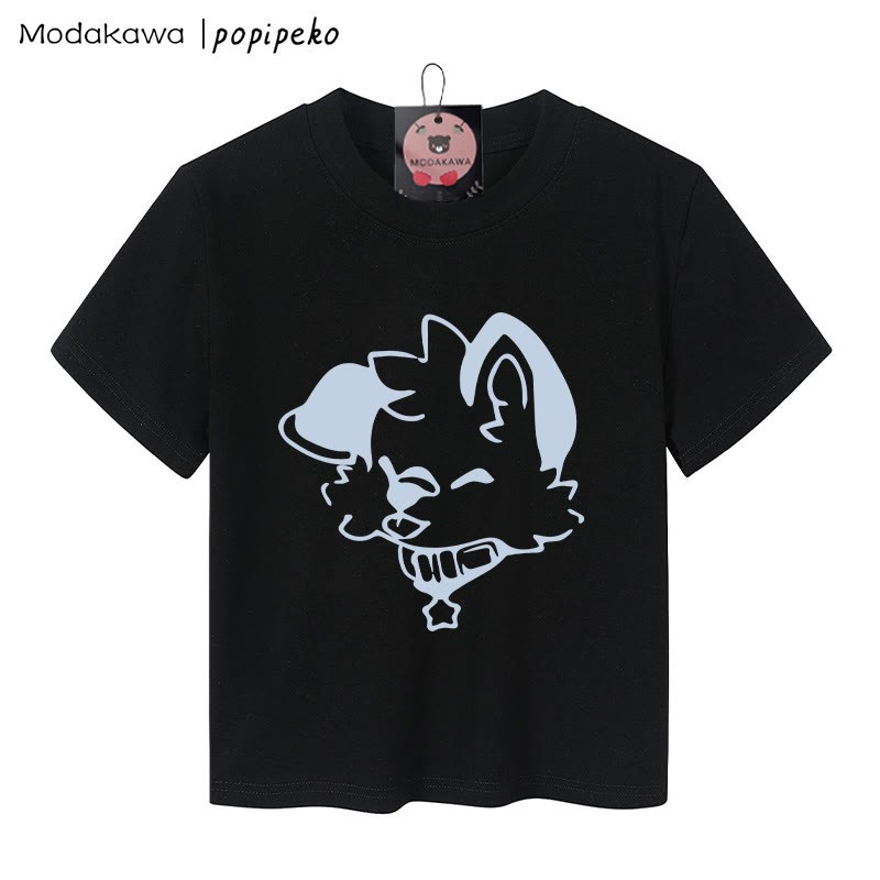MODAKAWA X popipeko Damen-T-Shirt mit Welpen-Grafik, 92 % gekämmte Baumwolle, bauchfreies Top - Schwarz - XL - image 4