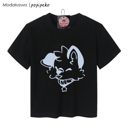 MODAKAWA X popipeko Damen-T-Shirt mit Welpen-Grafik, 92 % gekämmte Baumwolle, bauchfreies Top - Schwarz - XL - image 4
