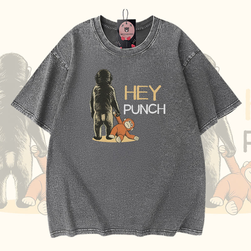 HEY PUNCH Monkey Modakawa Vintage Washed 100% Cotton T-Shirt - Grey - 5XL - image 5