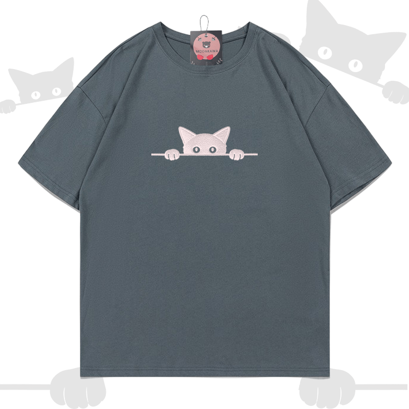 Modakawa Baumwoll-T-Shirt mit niedlicher Katzenstickerei - Dank Grey - 5XL - image 7