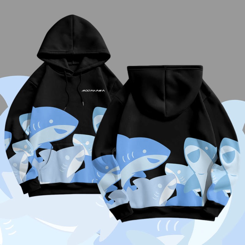 MODAKAWA Pullover-Hoodie mit lustigem Hai-Motiv und Allover-Print - Black - 8XL - image 4