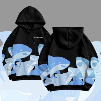 MODAKAWA Pullover-Hoodie mit lustigem Hai-Motiv und Allover-Print - Black - 8XL - image 4