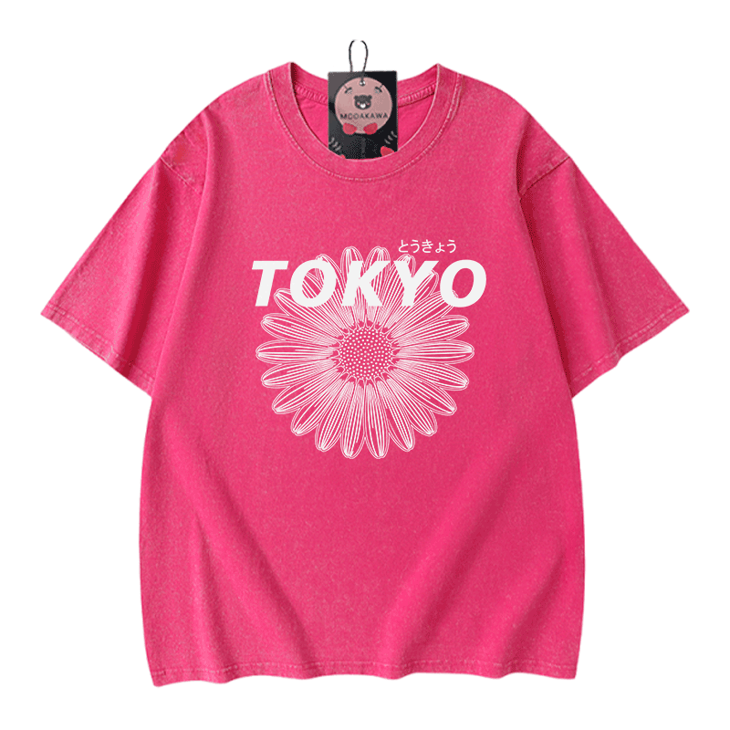 TOKYO Blumengrafik Modakawa Vintage gewaschenes T-Shirt aus 100% Baumwolle - Rose Red - 5XL - image 5