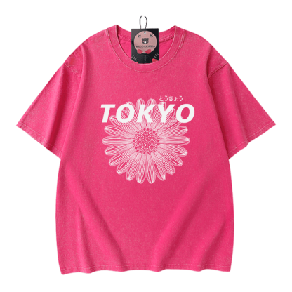 TOKYO Blumengrafik Modakawa Vintage gewaschenes T-Shirt aus 100% Baumwolle - Rose Red - 5XL - image 5