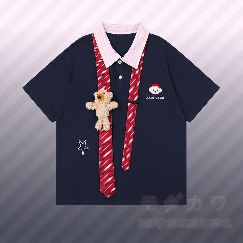 3D-Bärenstreifen-Krawatte, Farben abgesetztes Polo-Shirt, zerrissene Jeans, Modakawa-Partnerlook - Lilablaues T-Shirt - XL - image 6