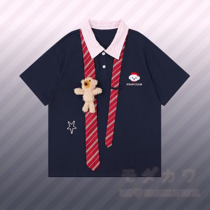 3D-Bärenstreifen-Krawatte, Farben abgesetztes Polo-Shirt, zerrissene Jeans, Modakawa-Partnerlook - Lilablaues T-Shirt - XL - image 6