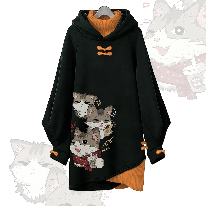 Verspieltes Katzenmotiv Modakawa Schnalle Vintage Kapuzenpullover Kleid - Orange - 3XL - image 3
