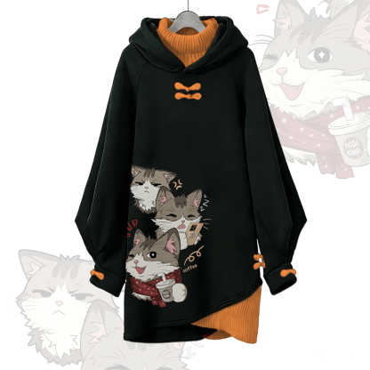 Verspieltes Katzenmotiv Modakawa Schnalle Vintage Kapuzenpullover Kleid - Orange - 3XL - image 3