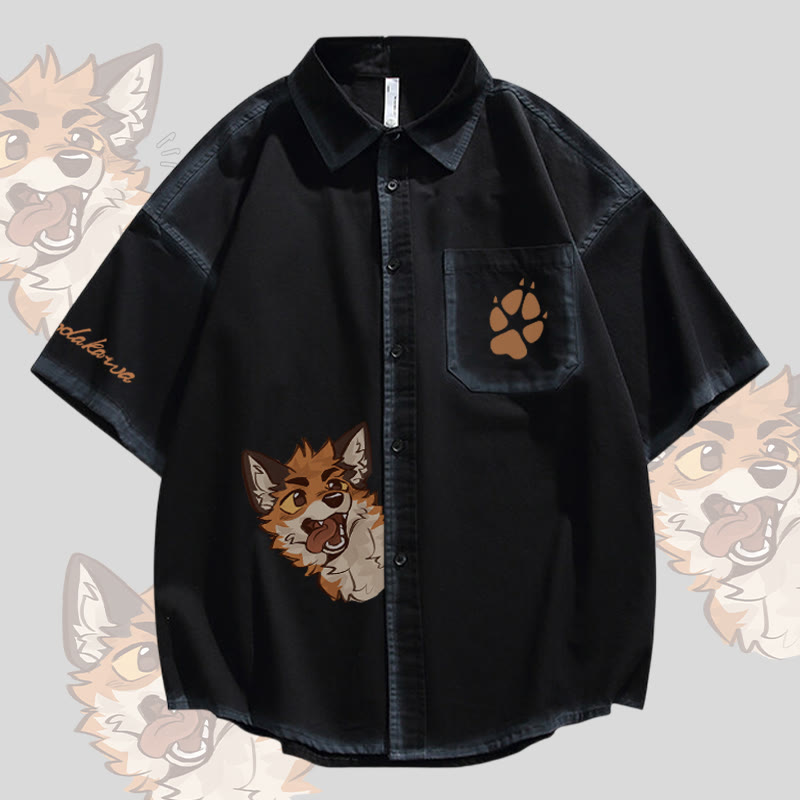 MODAKAWA X atka Oversized Button Up Shirt mit Zungen-Fuchs-Grafik, Oversize-Hemd - Black - 2XL - image 2
