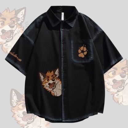 MODAKAWA X atka Oversized Button Up Shirt mit Zungen-Fuchs-Grafik, Oversize-Hemd - Black - 2XL - image 2