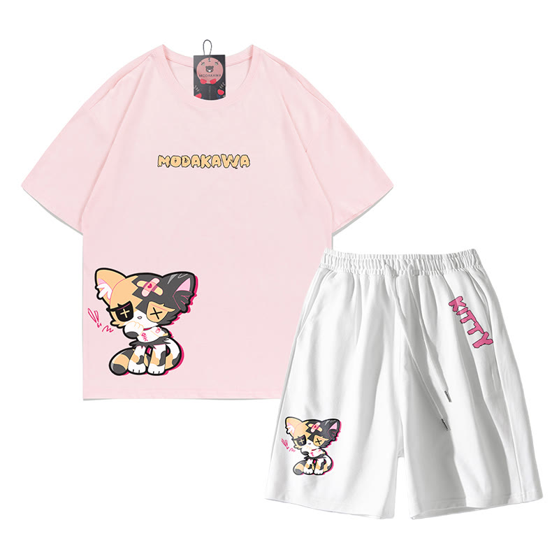 Sad Kitty Grafik Dark Aesthetic T-Shirt Shorts Zweiteiliges Set - Rosa&Weiß - C - 5XL - image 12